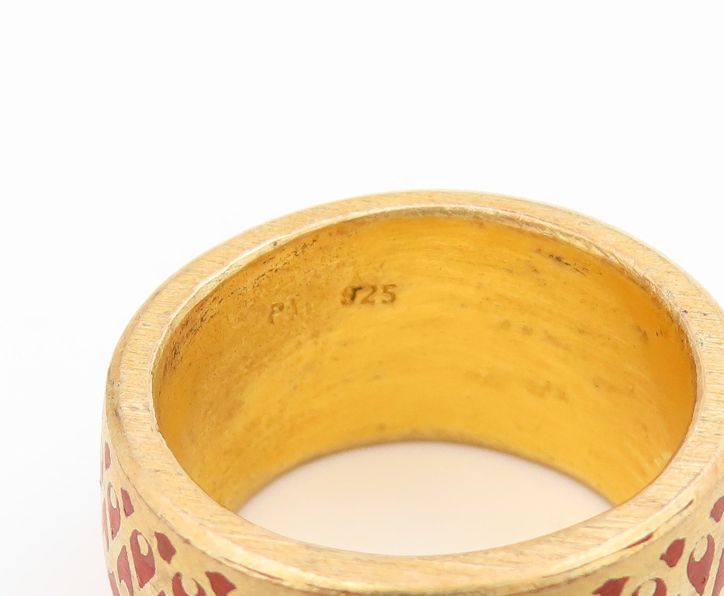 925 Sterling Silver Vintage Ring Gold Plated Red Lattice Pattern  Sz 7  RG34548