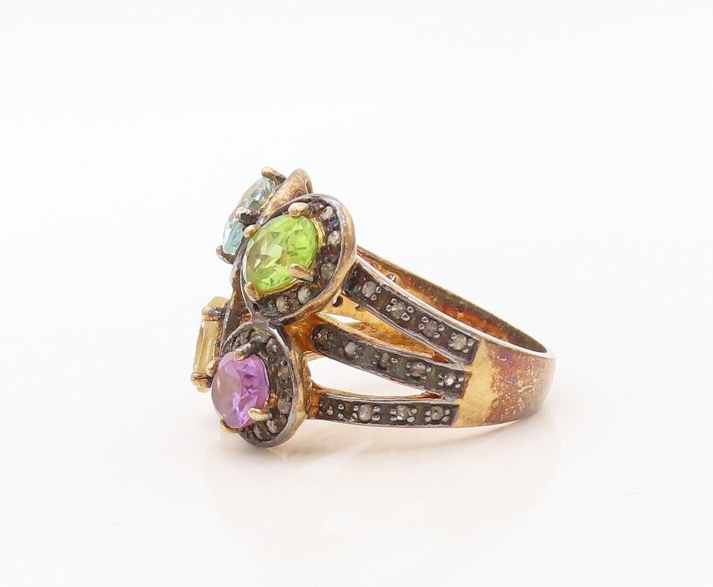 925 Sterling Silver Vintage Ring Gold Plated Diamonds & Gemstones  Sz 7  RG30239