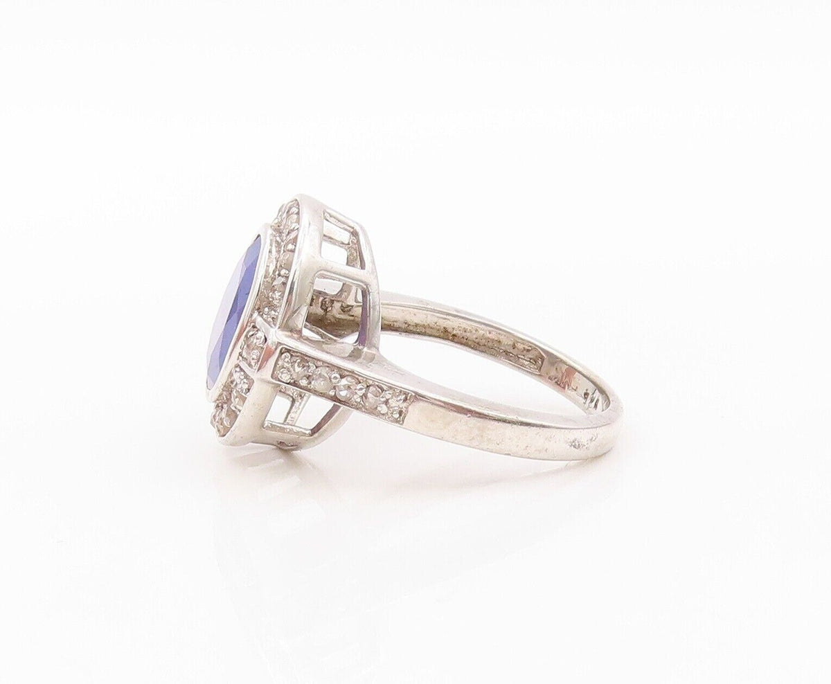 925 Sterling Silver Vintage Ring Oval Tanzanite Halo Diamonds  Sz 7  RG30182