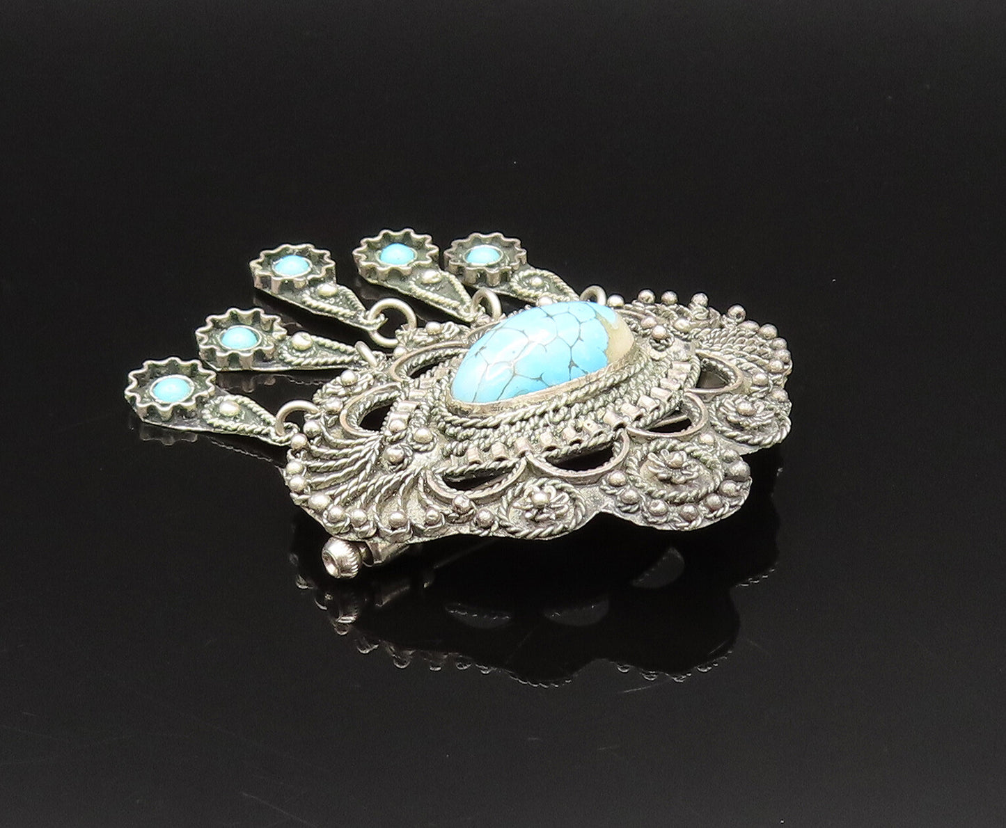 MIDDLE EAST 925 Silver  Vintage Beads & Rope Turquoise Brooch Pin  BP9609