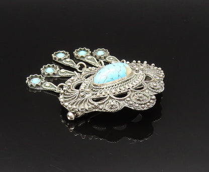 MIDDLE EAST 925 Silver  Vintage Beads & Rope Turquoise Brooch Pin  BP9609