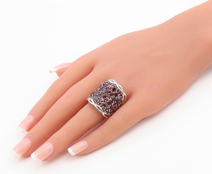 925 Sterling Silver Vintage Ring Chunky Garnet Wide Statement Band Sz 9 RG36488
