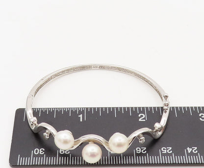 925 Sterling Silver  Vintage Pearl Topaz Beaded On Wave Cuff Bracelet  BT10062