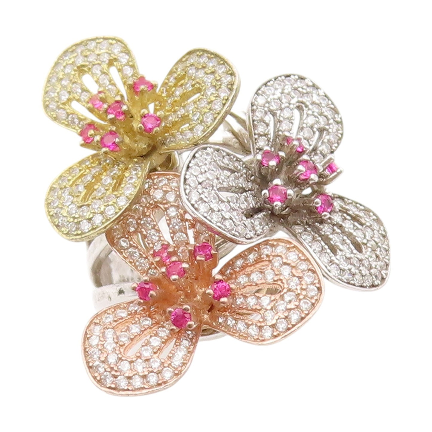 925 Sterling Silver Vintage Ring Pink Topaz & CZ Floral Petals  Sz 8  RG34536