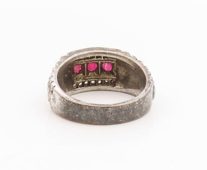 925 Sterling Silver Vintage Ring Real Diamonds & Ruby Watch Band Sz 8.5 RG34834