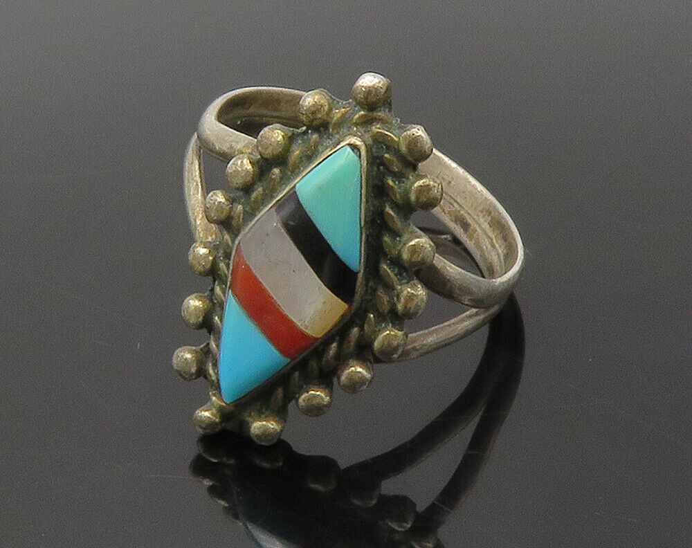 ZUNI 925 Silver  Vintage Turquoise & MultiStone Cocktail Ring Sz 6.5  RG15274