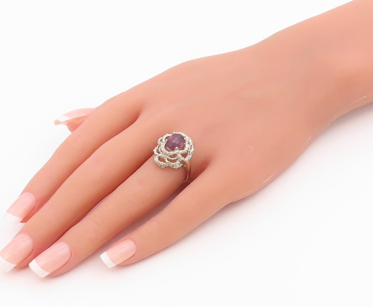 925 Sterling Silver Vintage Ring Oval Amethyst Statement Band  Sz 6.5  RG36419