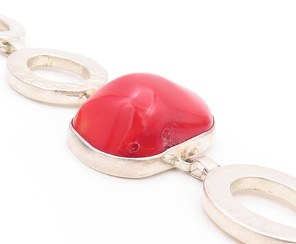 925 Sterling Silver Vintage Bracelet Designer Cutout Large Red Gemstone  BT11161