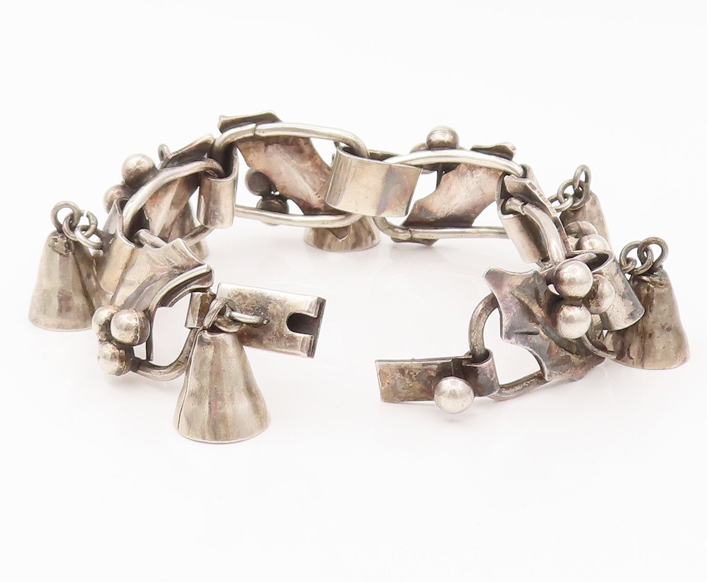 MEXICO 925 Silver  Vintage Framed Leaf With Cherry & Jingles  Bracelet  BT9869