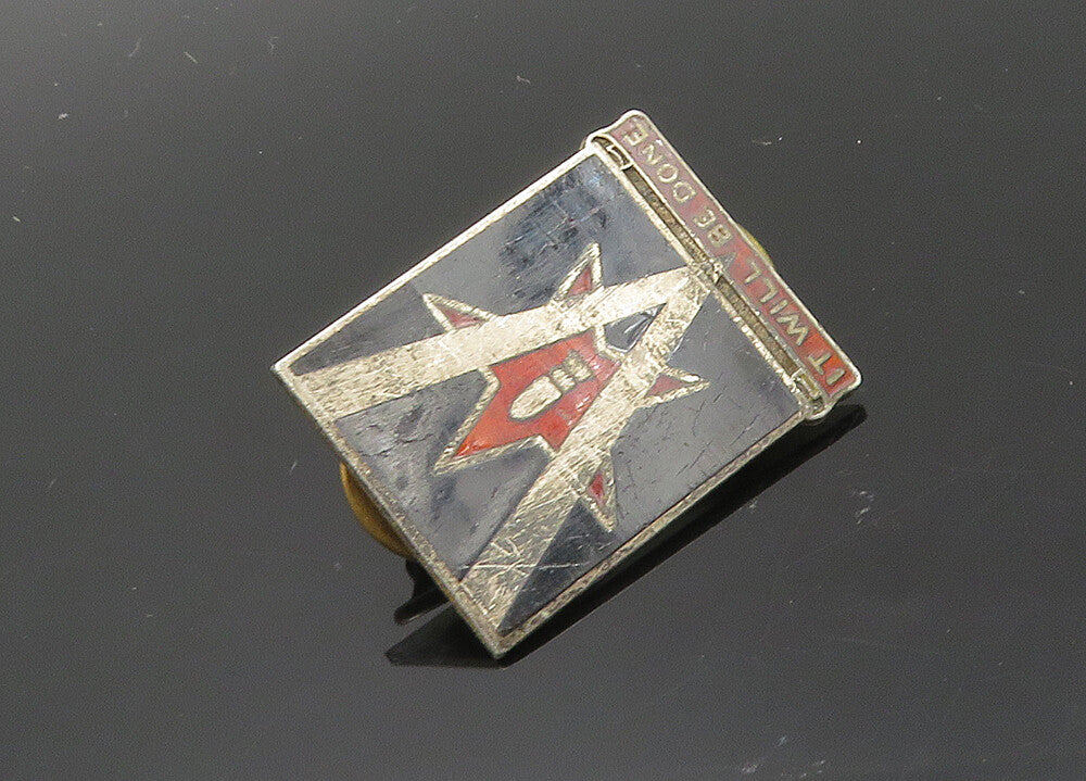 925 Sterling Silver  Vintage Antique Enamel It Will Be Done Lapel Pin  TR2776