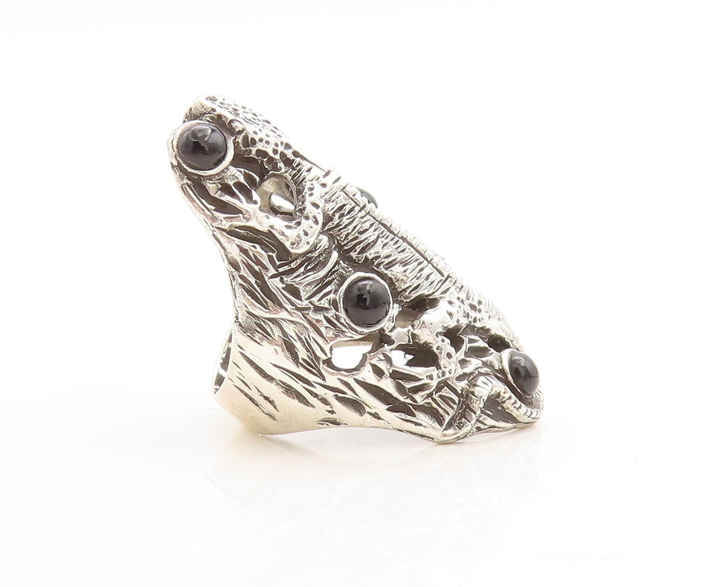925 Sterling Silver Vintage Ring Long Lizard Black Onyx  Sz 6  RG31376