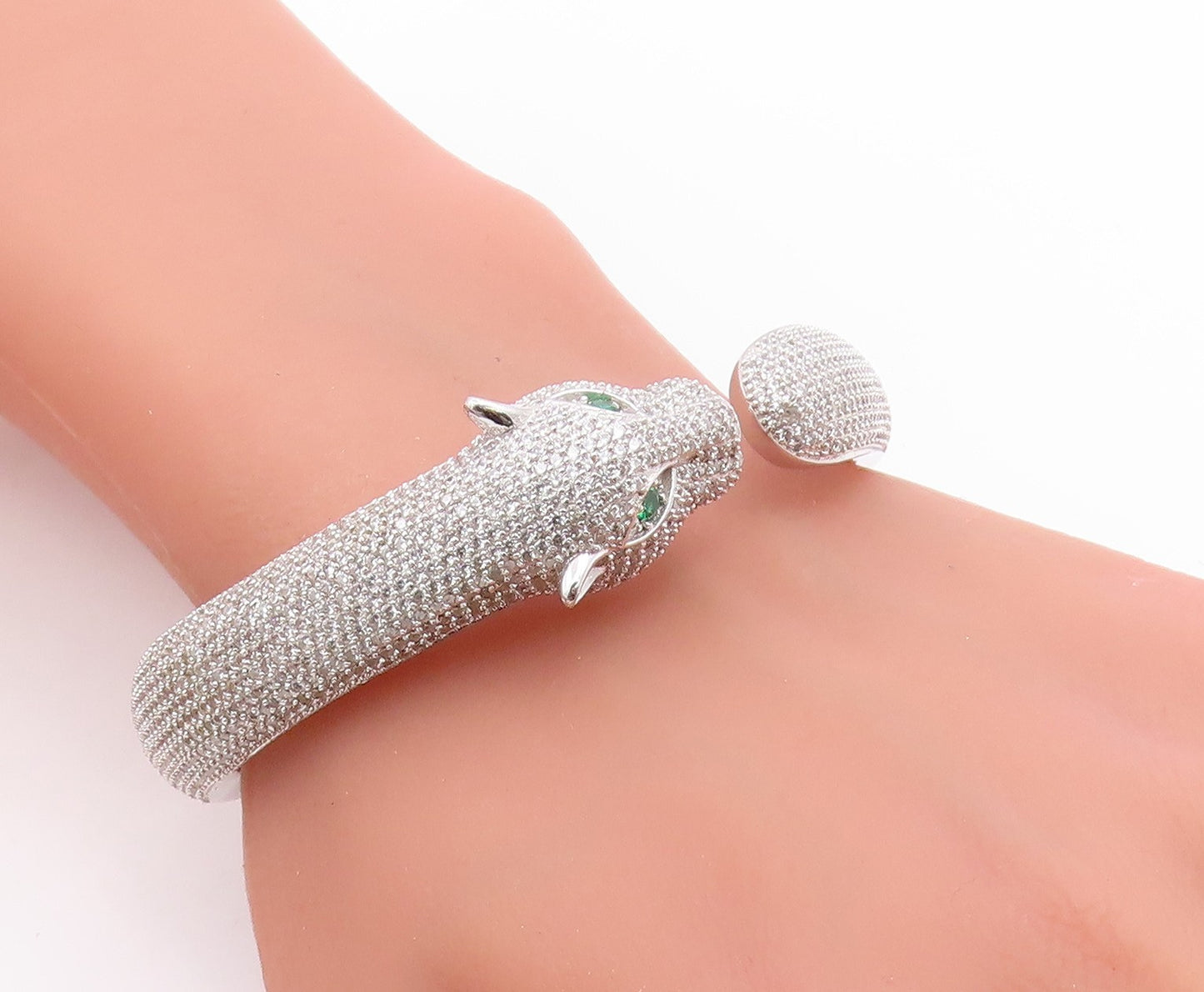 925 Sterling Silver Vintage Bracelet CZ Cluster Panther Head Bangle  BT11987
