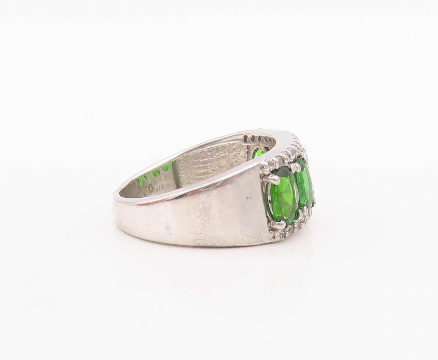 925 Sterling Silver Vintage Ring Oval Cut Green & White CZ Inlay Sz 7 RG30002