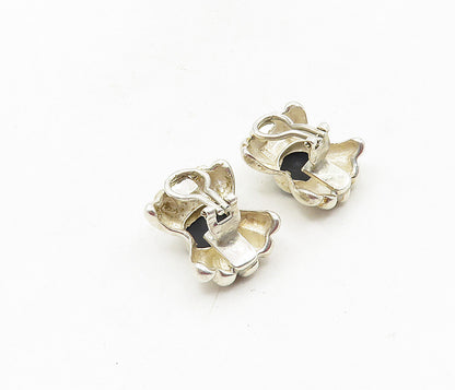 925 Sterling Silver  Vintage Black Onyx Bow Tie Non Pierce Earrings  EG4762