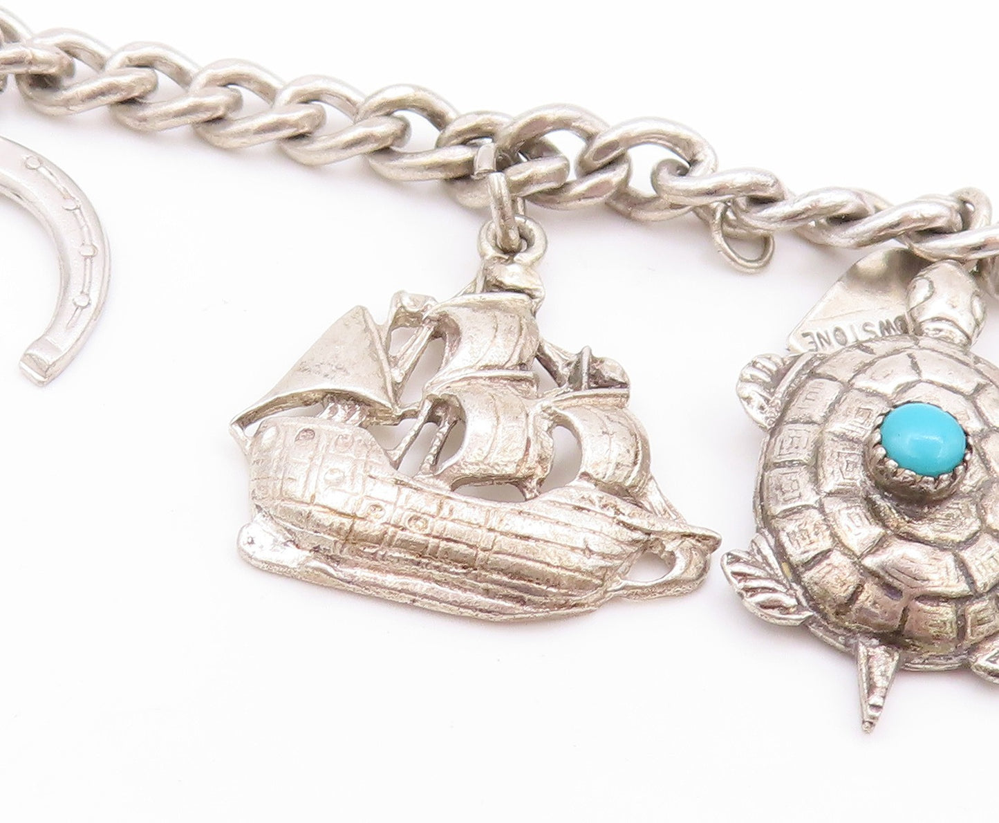 925 Sterling Silver Vintage Bracelet Ocean Life Dangling Larimar Charms  BT11276