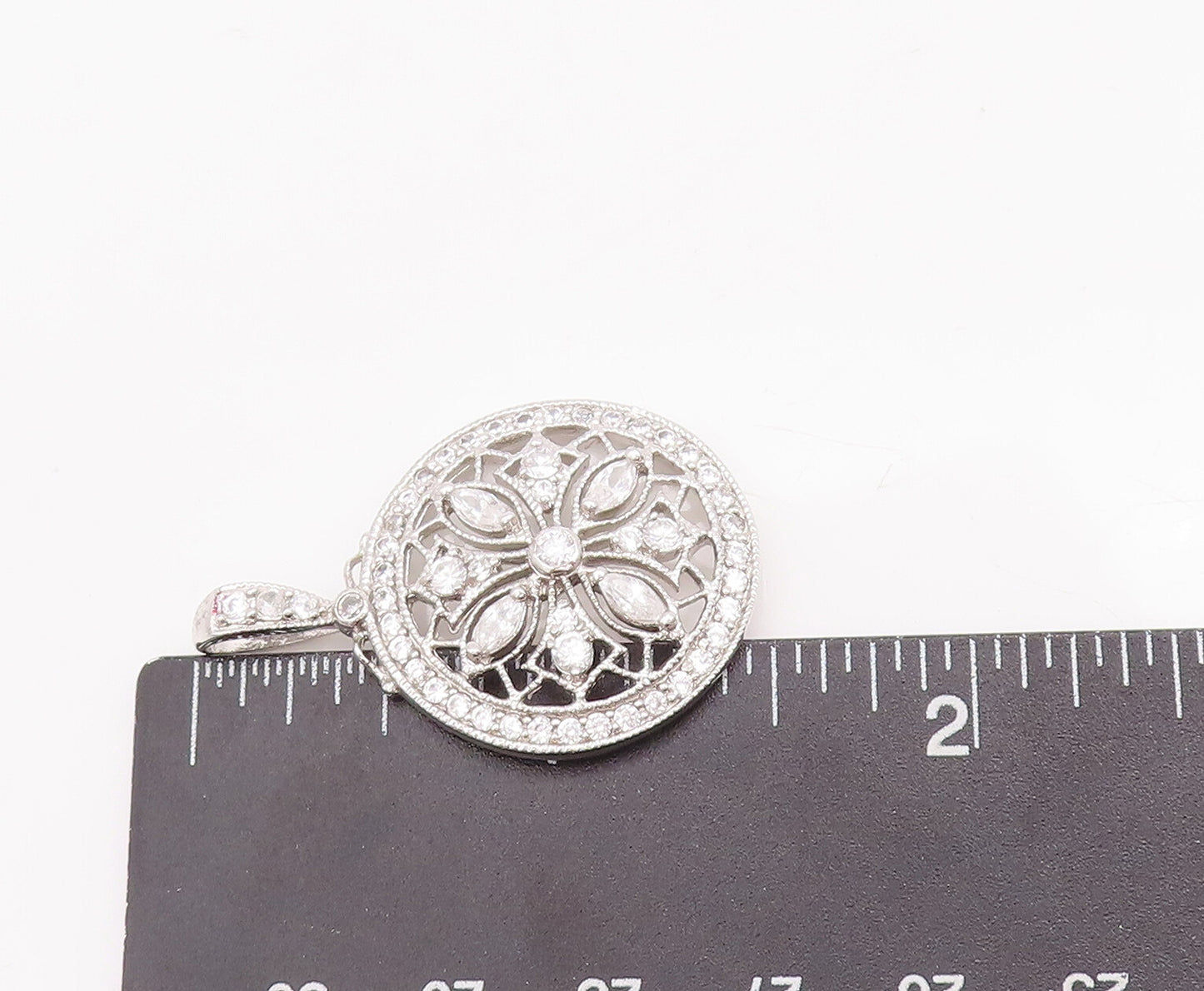 925 Sterling Silver Vintage Pendant Cutout CZ Inlay Carved Flower  PT23078