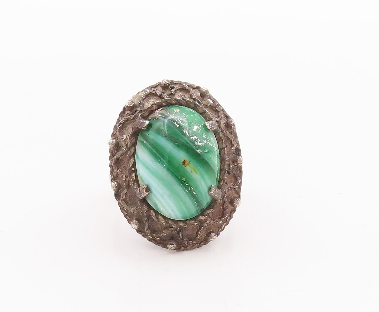 925 Sterling Silver Vintage Ring Wave Carved Oval Malachite  Sz 8.5  RG28828