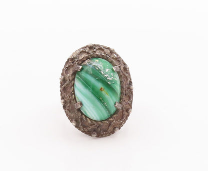 925 Sterling Silver Vintage Ring Wave Carved Oval Malachite  Sz 8.5  RG28828