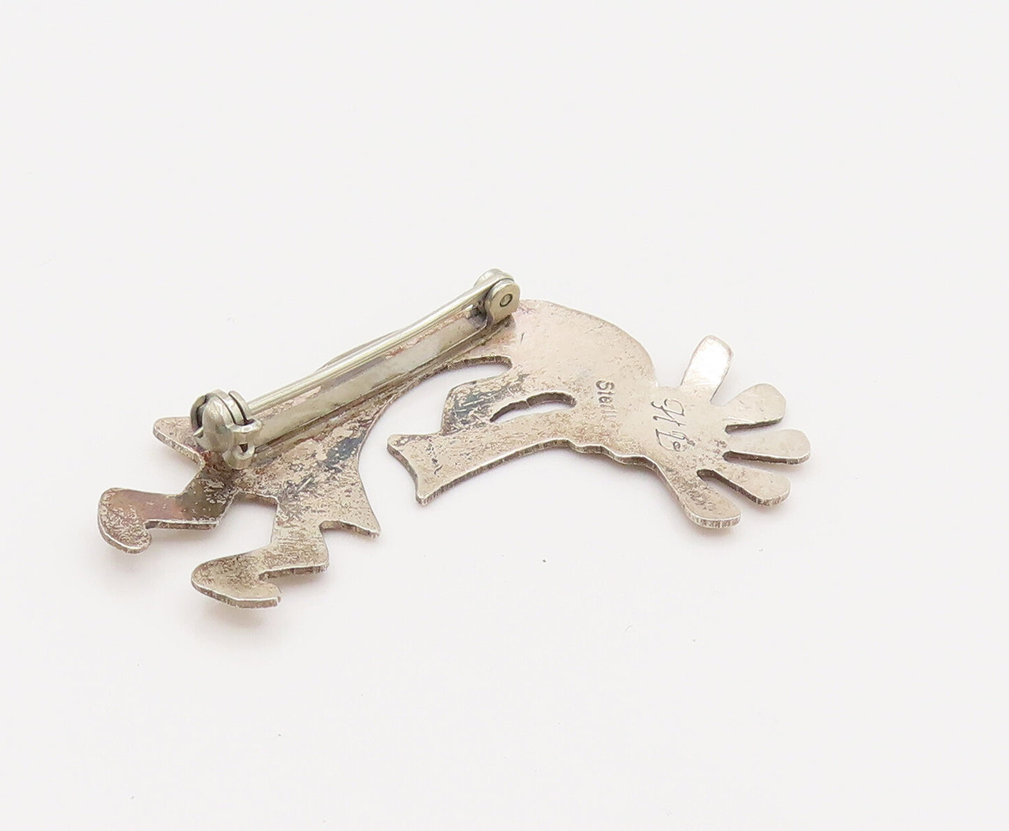 NAVAJO 925 Sterling Silver Vintage Etched Kokopelli Dancer Brooch Pin BP10143