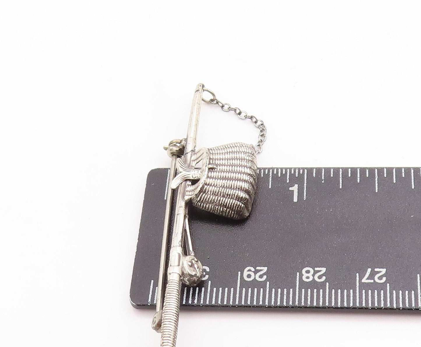 925 Sterling Silver Vintage Brooch Pin BEAU Carved Fishing Bag & Stick  BP11360