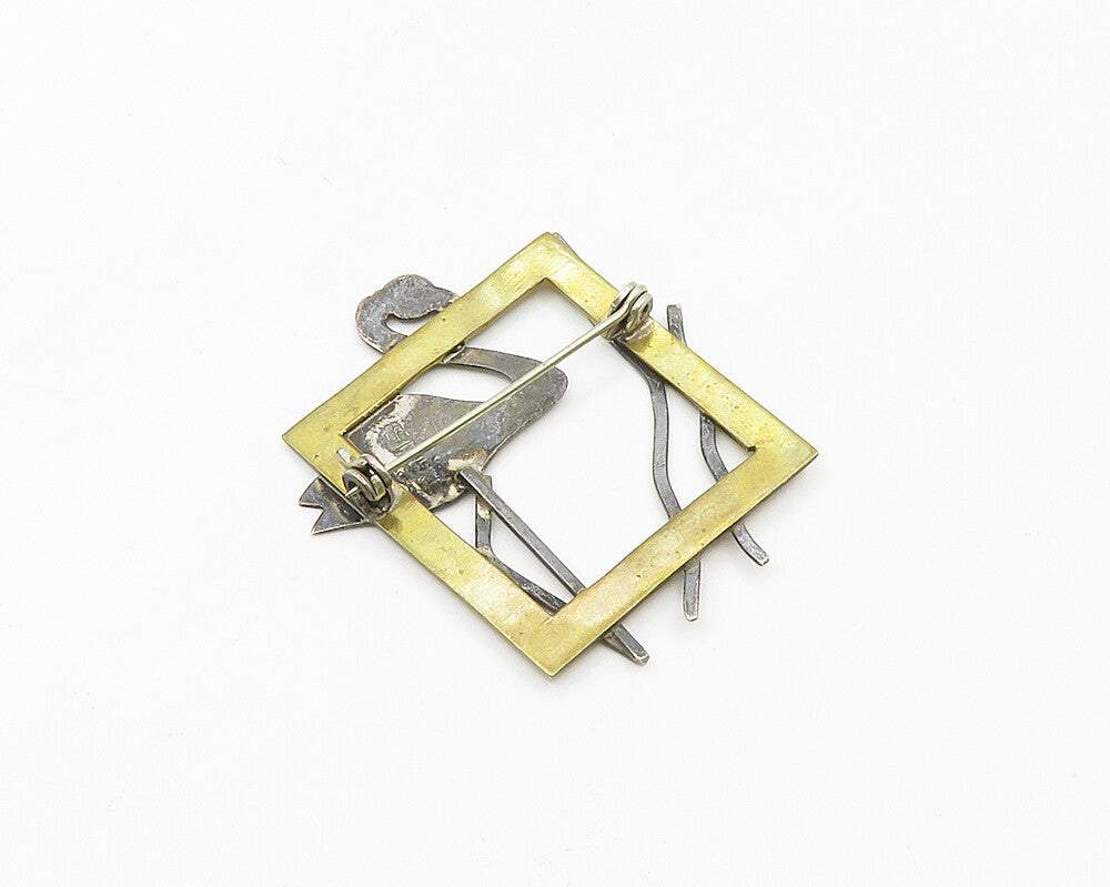 925 Sterling Silver  Vintage Two Tone Flamingo Open Square Brooch Pin  BP7423
