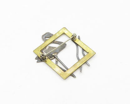 925 Sterling Silver  Vintage Two Tone Flamingo Open Square Brooch Pin  BP7423