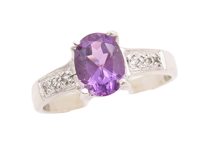 925 Sterling Silver Vintage Ring Oval Cut Amethyst Diamonds Inlay Sz 7.5 RG29380