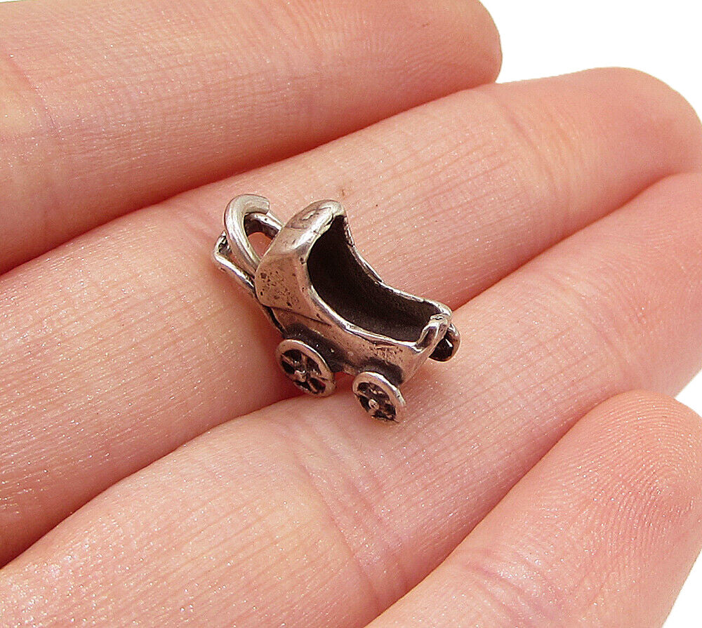 925 Sterling Silver  Vintage Baby Stroller Charm Pendant  PT1880