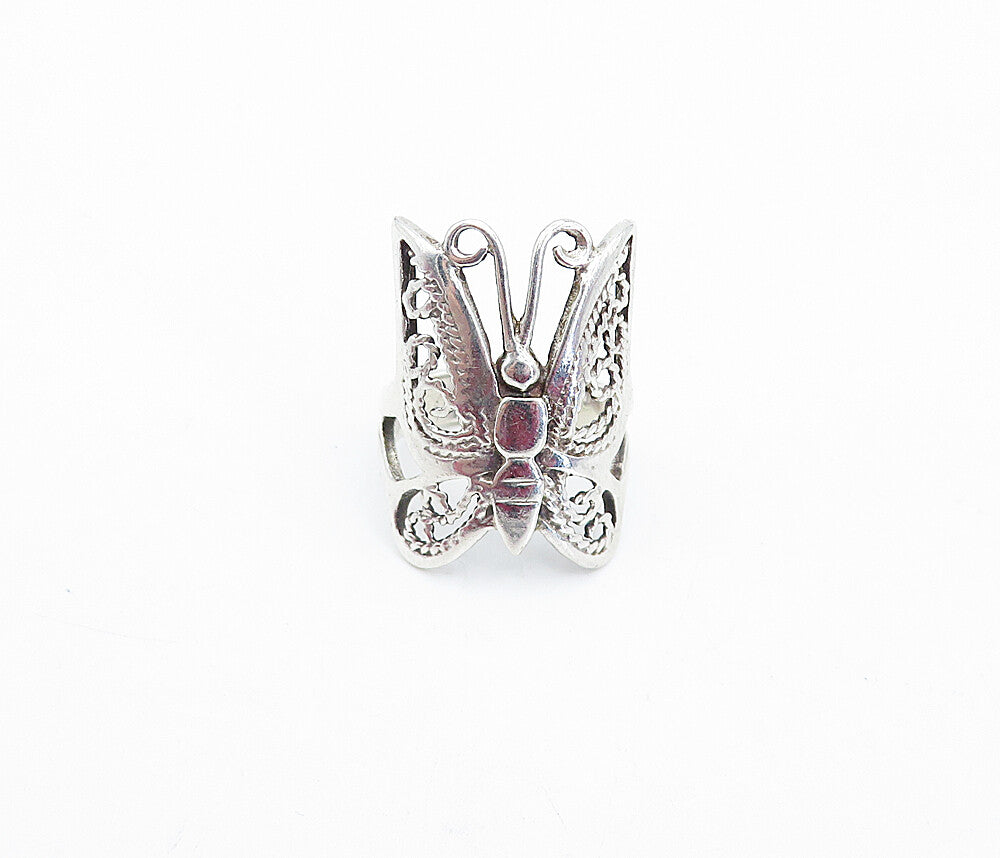 925 Sterling Silver Shiny Twist Detail Butterfly Motif Band Ring Sz 6 RG3803
