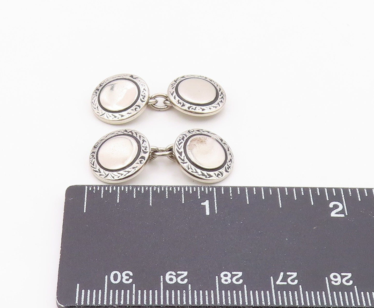 925 Sterling Silver  Vintage Shiny Etched Border Round Cuff Links  TR2102