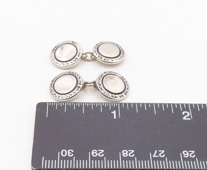 925 Sterling Silver  Vintage Shiny Etched Border Round Cuff Links  TR2102