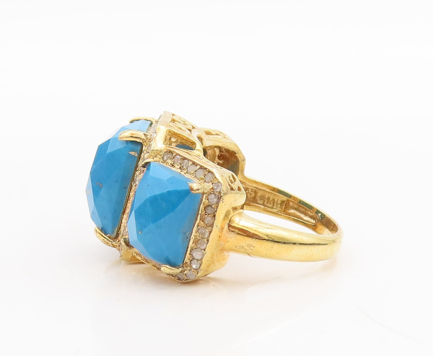 925 Sterling Silver Vintage Ring Gold Plated Diamonds &Turquoise  Sz 7.5 RG29242