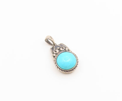 925 Sterling Silver Vintage Pendant Cabochon Turquoise Scrollwork Charm  PT26546