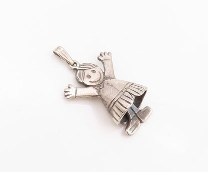 925 Sterling Silver Vintage Pendant Dark Tone Happy Girl Moving Legs  PT23912