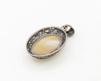925 Sterling Silver   Vintage Mother Of Pearl Swirl Border Pendant  PT15568