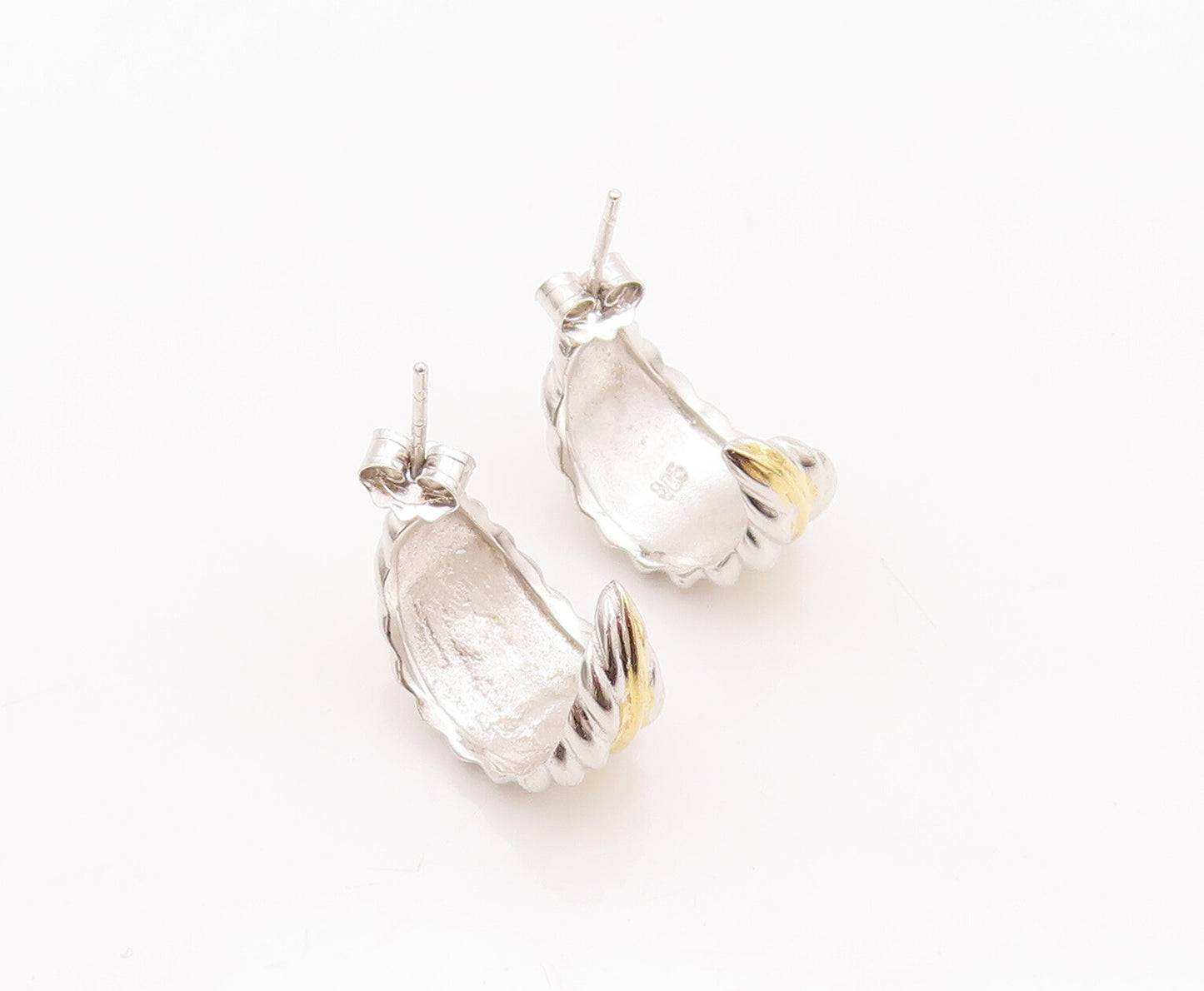 925 Sterling Silver Vintage Earrings Solid Carved Leaf Open Hoops  EG12994