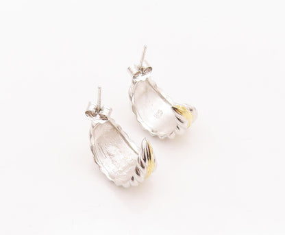 925 Sterling Silver Vintage Earrings Solid Carved Leaf Open Hoops  EG12994