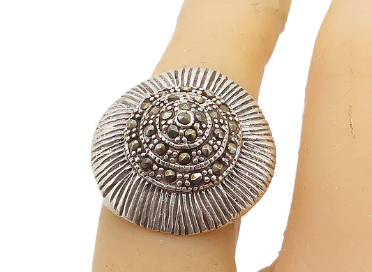 925 Sterling Silver  Vintage Marcasite Shiny Dome Cocktail Ring Sz 6  RG8288