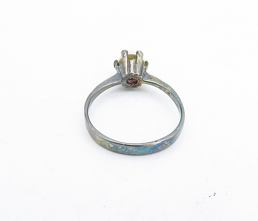925 Sterling Silver Vintage Petite Pearl Dark Tone Solitaire Ring Sz 7 RG5197