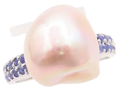 925 Sterling Silver Vintage Ring Amorphas Pearl Sapphire Inlay Band Sz 8 RG29567