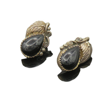 NAVAJO 925 Silver  Vintage Black Onyx Floral Leaf Drop Earrings  EG10682