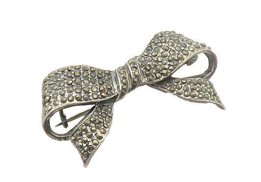 925 Sterling Silver  Vintage Marcasite Bow Tied Ribbon Brooch Pin  BP5964