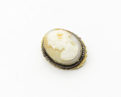 925 Sterling Silver  Vintage Antique Carved Woman Cameo Brooch Pin  BP7460