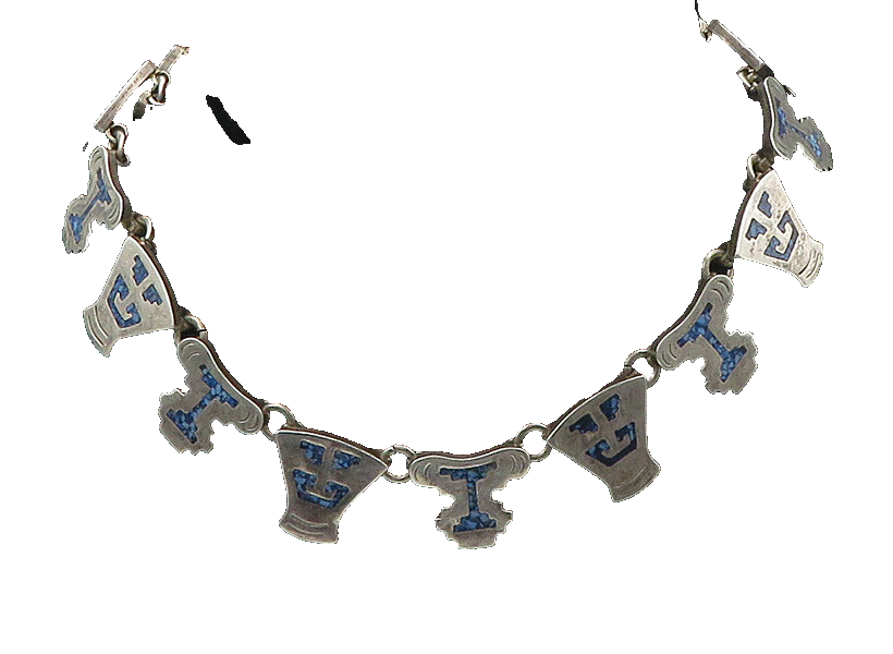 MEXICO 925 Silver  Vintage Heavy Inlaid Turquoise Chain Necklace  NE2991