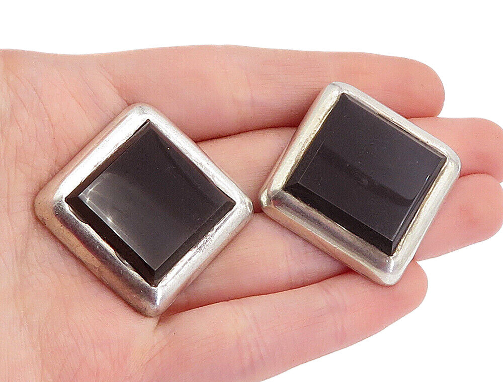 MEXICO 925 Sterling Silver  Vintage Black Onyx Square Drop Earrings  EG2606