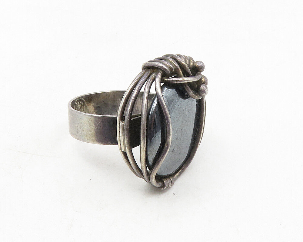 DESIGNER 925 Silver  Vintage Hematite Wire Wrap Cocktail Ring Sz 7.5  RG9896