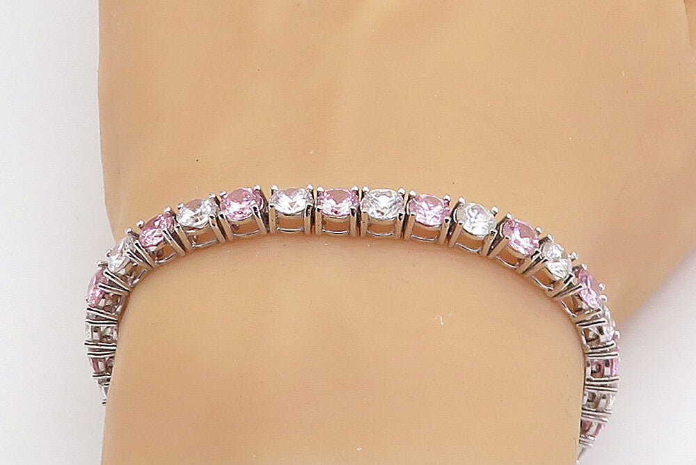 925 Sterling Silver   Pink & White Cubic Zirconia Tennis Bracelet  BT3233