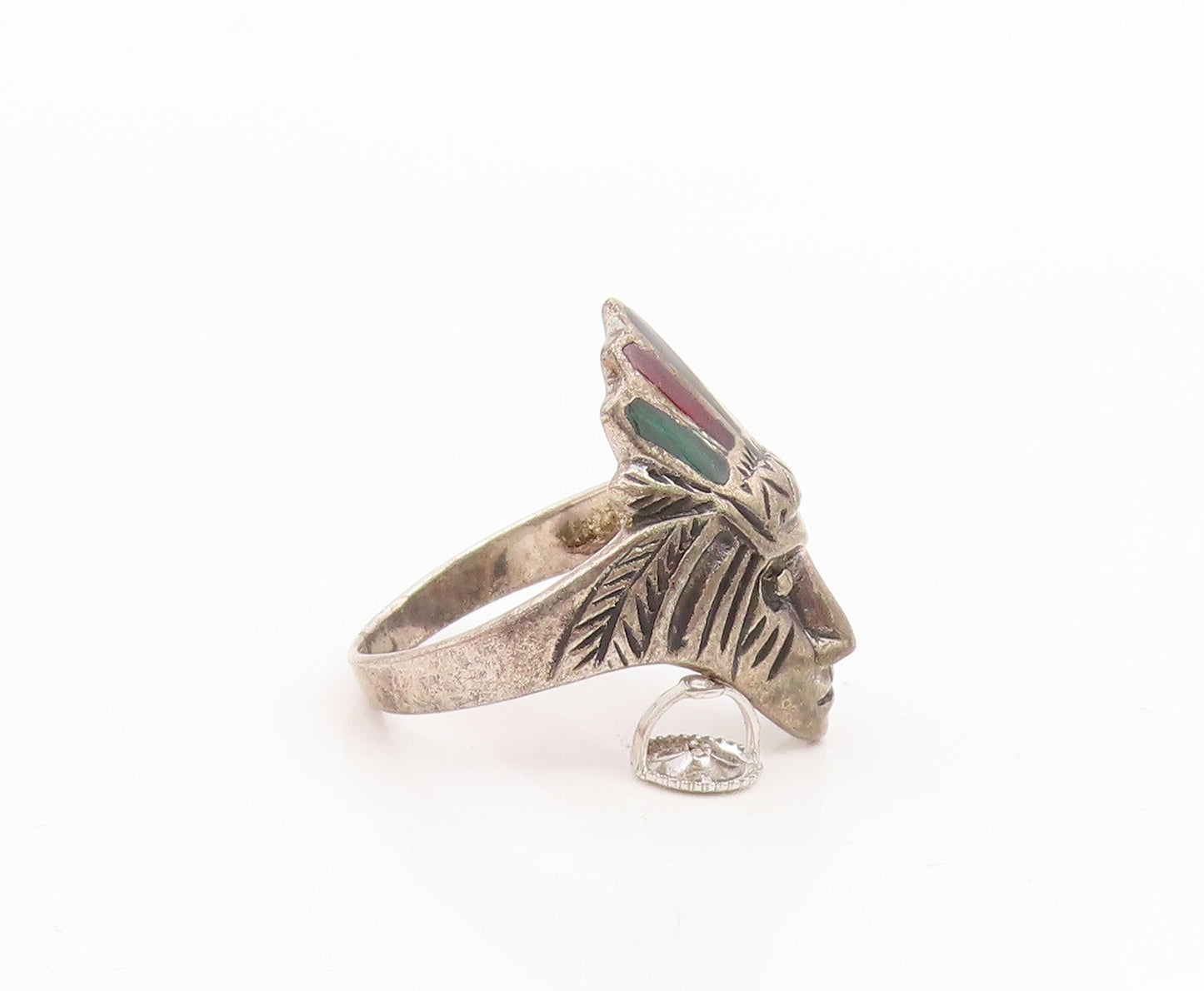 925 Sterling Silver Vintage Ring Enamel Warrior Headdress Motif  Sz 7  RG35416