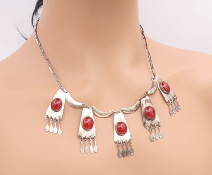 925 Sterling Silver Vintage Necklace ISRAEL Dangling Carnelian Fringe  NE4903