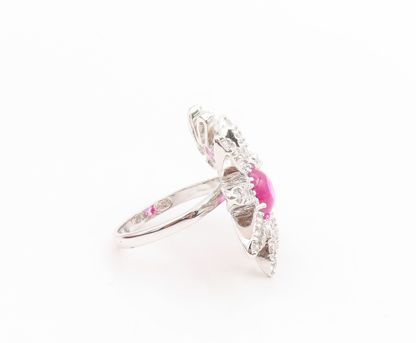 925 Sterling Silver Vintage Ring Pink Gemstone & CZ Floral Petals  Sz 7  RG33924